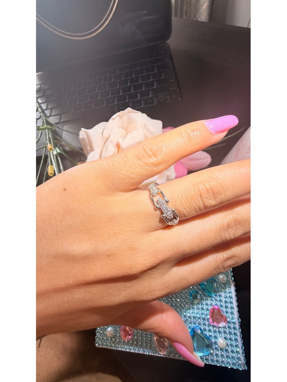 Elegant Silver 925 solid Ring with Geometric and Pave Crystal Detailing size7